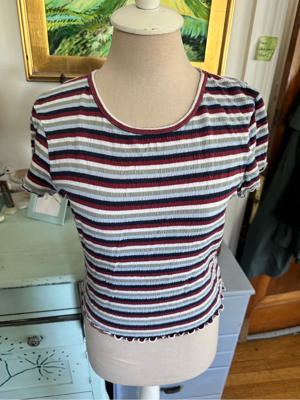American Eagle Striped Short Sleeve Cropped Ribbed Tee S Stretch VGUC Cotton